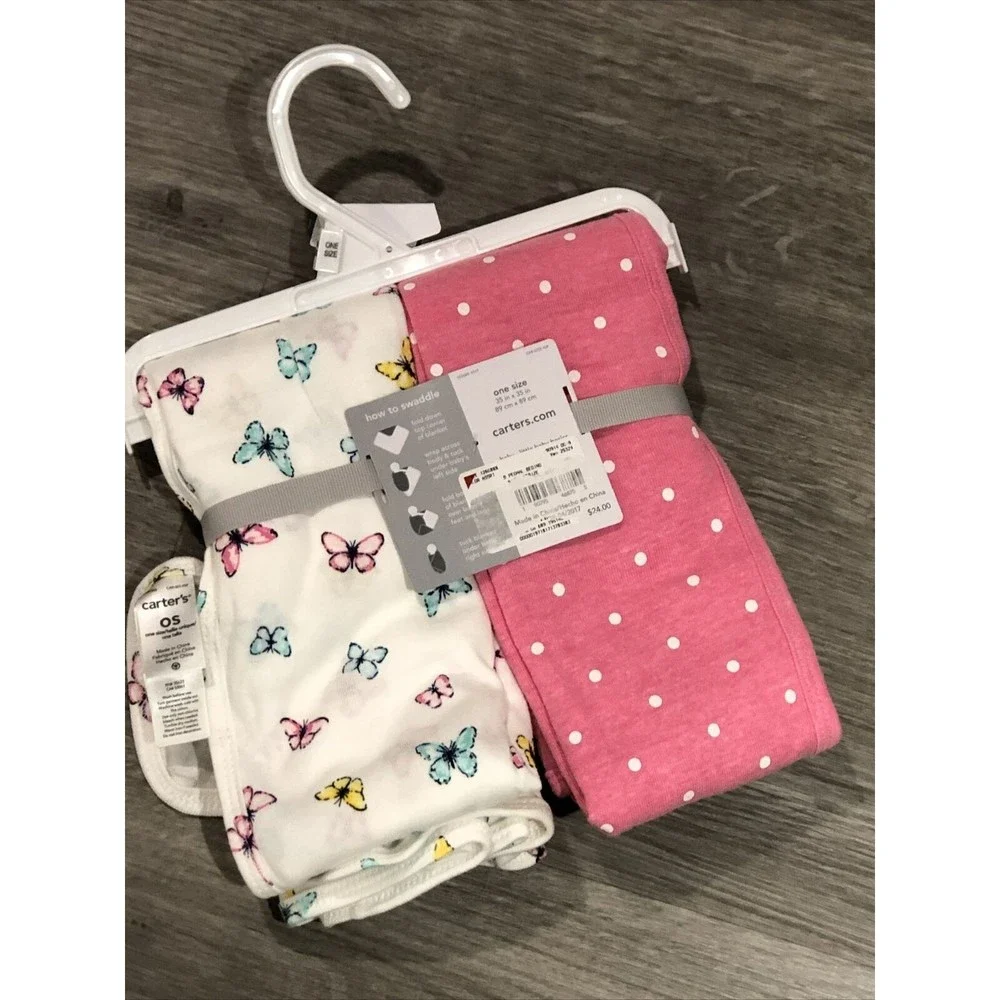 Carter's Receiving Swaddle Blanket Baby Girl Polka Dots Butterflies Pink…